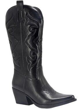 Women’s Black Knee High Cowboy Boots Wide Calf Embroidered Pointed Toe Western